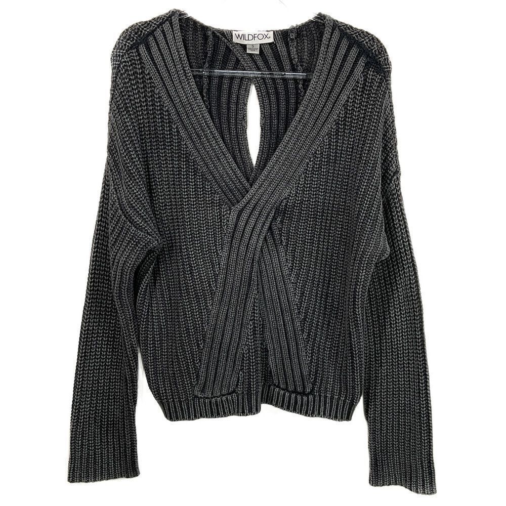 Wildfox Gray Black Knit Keyhole Cut Out Back Long Sleeve Sweater Small